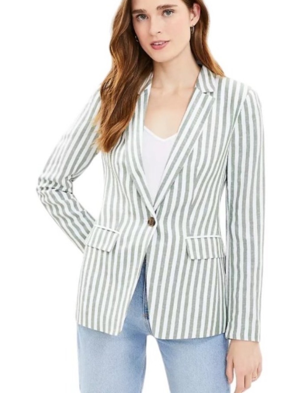 LOFT Striped Single-Button Blazer in Sage Green and White Size 6 Bohemian Linen